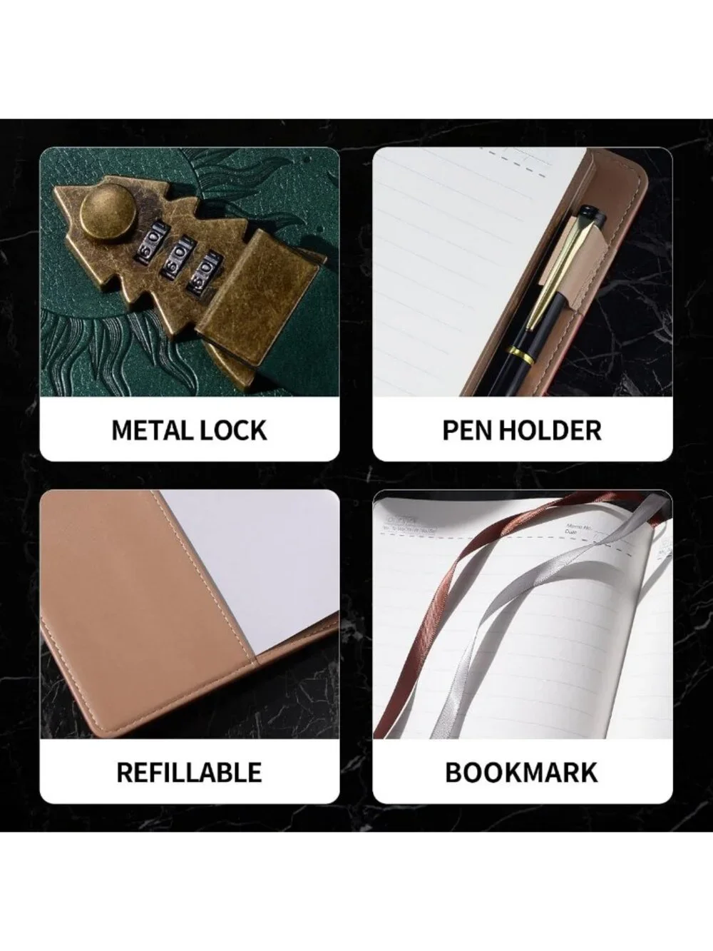 Lockable A5 Journal with Pen, 240 Pages, Refillable Leather Diary, Dark Green